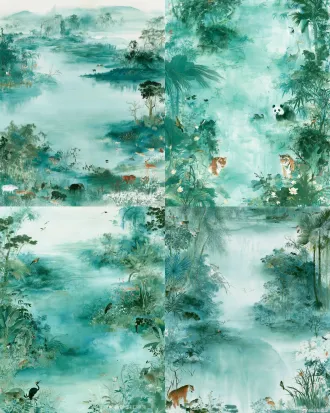 reconstruct the composition of this painting, keep exactly the same painting style: chinese meticulous heavy color painting, turquoise cyan-green tone, translucent ink wash texture, elegant oriental aesthetic, all animal species remain, do not change the painting technique and color palette. rearrange the positions of animals and plants, redesign the layout, change the viewing perspective, adjust the density of vegetation, retain the misty ethereal water and jungle atmosphere. do not turn it into photo, keep hand-painted gongbi painting, rice paper texture, exhibition creation.