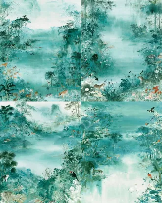reconstruct the composition of this painting, keep exactly the same painting style: chinese meticulous heavy color painting, turquoise cyan-green tone, translucent ink wash texture, elegant oriental aesthetic, all animal species remain, do not change the painting technique and color palette. rearrange the positions of animals and plants, redesign the layout, change the viewing perspective, adjust the density of vegetation, retain the misty ethereal water and jungle atmosphere. do not turn it into photo, keep hand-painted gongbi painting, rice paper texture, exhibition creation.