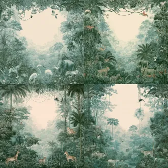 参考这张热带丛林动物装饰画，平面化处理画面，弱化空间透视，不要强烈远近景深。重点强化画面的色块布局、物象位置、疏密对比关系，追求整体构成感。 大胆做中心留白，四周布置丛林植物与动物，繁复的动植物和干净浅米白的空白背景形成强烈对比。 绘画语言克制柔和：远看是清晰的平面构成，近看保留精致细腻的动植物线条细节；色调统一为低饱和青绿色调，复古淡雅，类似新中式壁画、装饰壁纸风格，没有强烈光影明暗，平涂色块，边缘干净，构图均衡舒缓。 禁止强烈透视、立体阴影、写实景深。