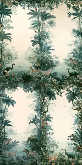 参考这张热带丛林动物装饰画，平面化处理画面，弱化空间透视，不要强烈远近景深。重点强化画面的色块布局、物象位置、疏密对比关系，追求整体构成感。 大胆做中心留白，四周布置丛林植物与动物，繁复的动植物和干净浅米白的空白背景形成强烈对比。 绘画语言克制柔和：远看是清晰的平面构成，近看保留精致细腻的动植物线条细节；色调统一为低饱和青绿色调，复古淡雅，类似新中式壁画、装饰壁纸风格，没有强烈光影明暗，平涂色块，边缘干净，构图均衡舒缓。 禁止强烈透视、立体阴影、写实景深。