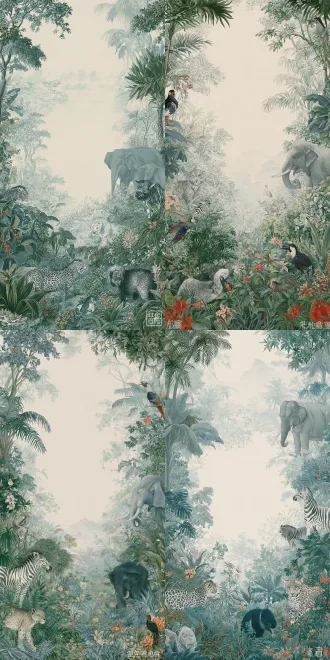 参考这张热带丛林动物装饰画，平面化处理画面，弱化空间透视，不要强烈远近景深。重点强化画面的色块布局、物象位置、疏密对比关系，追求整体构成感。 大胆做中心留白，四周布置丛林植物与动物，繁复的动植物和干净浅米白的空白背景形成强烈对比。 绘画语言克制柔和：远看是清晰的平面构成，近看保留精致细腻的动植物线条细节；色调统一为低饱和青绿色调，复古淡雅，类似新中式壁画、装饰壁纸风格，没有强烈光影明暗，平涂色块，边缘干净，构图均衡舒缓。 禁止强烈透视、立体阴影、写实景深。