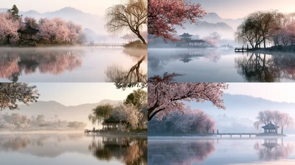 国风古画，早春晨雾，湖面如镜，半树樱花半树柳，水榭木桥隐远山，宋服雅士立桥边，柔暖侧光，淡彩低饱和，宽幅全景，细腻纹理，清透倒影，意境悠远