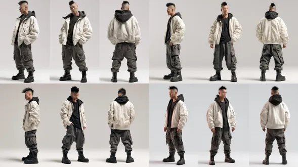 three-views character reference sheet, full body shot, handsome muscular young east asian man, spiky undercut hairstyle, 3 poses arranged horizontally showing left profile, 45 degree side front view, full back view, wearing light off-white bomber jacket with integrated black hood, black inner t-shirt, dark grey multi-pocket cargo pants, black thick sole combat boots, minimalist plain light grey studio background, soft even studio lighting, realistic commercial fashion photography, high definition, clear fabric texture, no redundant elements