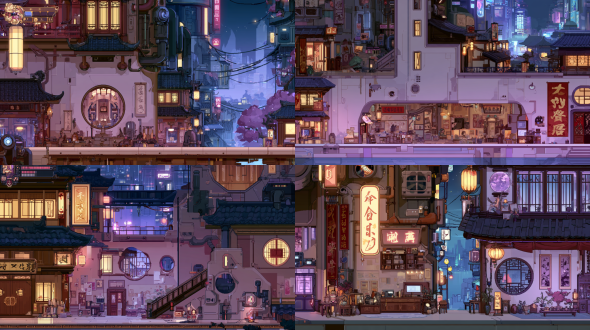 中式赛博游戏素材，正视构图，蓝图主色调，午夜霓虹街巷，8bit像素风格，复古crt滤镜，冷蓝紫渐变光，平视视角，未来中式元素，科技感，沉浸氛围