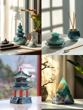 潮州青龙古庙文创伴手礼套装，三角构图，浅米色哑光桌面，窗边柔光，50mm f/2.8微距镜头，高清商业产品摄影，青绿色石蓝鎏金朱红配色，清透浅青，精致纹样，细节锐利，质感细腻，整洁陈列，雅致治愈。