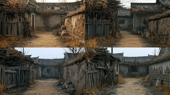 ue5 cinematic photorealistic pbr orthographic scene asset, strict orthographic front view, zero lens perspective, no foreshortening distortion, no people inside frame, fully enclosed complete space, continuous unbroken walls, ground and roof, all props fixed in position, no floating objects, physically accurate materials, shadows cast consistently by native scene light, clear shadow definition, low saturation northeast rural somber aesthetic, subtle film grain, 8k ultra high detail, fixed object position, ceiling height and spacing, for short drama scene building and asset alignment reference. overall space: open-air northeast farm courtyard, rectangular, 7m width, 9m depth, overcast outdoor environment, no direct sunlight. ground: compacted yellow clay main path, bumpy surface, dried cracks left after rain, dry mud marks in low-lying areas; both sides of courtyard are muddy ground covered with short withered yellow weeds. boundaries: front of courtyard (bottom of frame): simple wooden fence, thin stakes and horizontal battens, weathered grey wood, some broken slats. right side of courtyard: low rammed earth wall, peeling clods, dry grass growing on top. rear of courtyard: row of low bungalows, adobe walls, grey tile roof, missing tiles, dry grass under eaves. props layout: upper left of courtyard: large firewood stack, stacked corn stalks and dry timber, uneven height, faded yellow-grey stalks. beside firewood stack: vintage 28-inch bicycle, large areas of faded black paint, cracked rubber tires, leaning against the stack. at the base of right earth wall: scattered empty plastic buckets and worn sacks. at the base of rear bungalow wall: simple trellis made of wooden branches, withered vines. lighting: overcast diffused cool skylight, 6500k cool grey tone, no harsh direct shadows, soft faint cool grey shadows for all objects, low contrast. material details: dry brittle stalks, loose crumbling rammed earth wall, rust spots on old metal frame, aged cracked rubber tire, moss and dust covering grey roof tiles. color palette: dominant grey-yellow, earth grey, withered ochre yellow, cool grey sky, muted sparse tones, desolate quiet atmosphere, no bright saturated colors.