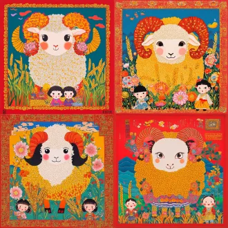 extreme chinese folk art style, shaanxi huxian peasant painting, traditional woodblock new year picture texture. square 1:1 composition. in the center is an exaggerated and gorgeous zodiac sheep. the sheep's head and body are made of bright red, orange, and yellow geometric color blocks. the horns are exaggeratedly curled, incorporating red flames and golden wheat ears. the sheep's body is decorated with large peonies and pomegranates. surrounded by corn, sorghum, rice and other grain elements. the outer ring is a traditional red background with yellow lines of fretwork and wheat ear borders. at the bottom are two chubby cute folk new year picture dolls holding wheat ears. the background is a contrasting lake blue. high saturation, bold black ink outlines, flat color, no shadows, full of rustic joy and harvest atmosphere. no text at all.