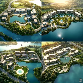 建筑鸟瞰效果图，航拍视角，现代低密度大型旅馆。北侧四栋2层矩形建筑，南侧三栋3层临湖建筑，东侧一栋二层矩形建筑。中央景观庭院带圆形喷泉和假山。蜿蜒的步道沿着美丽的绿松石色湖泊，茂密的绿草坪和丰富的树木。黄金时刻的阳光，照片级真实，8k分辨率，octane渲染，虚幻引擎5，光线追踪，高度细节，专业建筑可视化，柔和阴影，逼真的水面反射