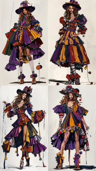 full-body fashion illustration, hand-drawn clothing illustration, deconstructed design, cool chinese model wearing creative asymmetrical design clothing, circus clown theme, use the hand-drawn fashion sketch figure from reference image as the model, combined with satin,velvet,organza and woven fabric, royal purple, forest green, lemon yellow, bright red, warm brown and cream white color scheme, decorated with pom-poms, fabric bows and bell ornaments,matching exaggerated circus hat and chunky clown shoes,individual outfit, front view, detail display, white clean background