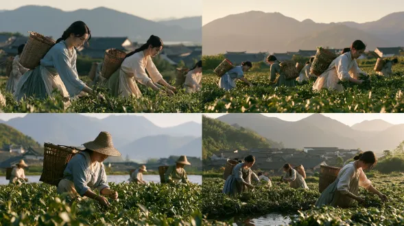 a panoramic shot: in an ancient chinese village, several young women are picking tea leaves in the fields, carrying bamboo baskets on their backs. in the distance, gray-tiled farmhouses and distant mountain ranges fill most of the frame; their simple, elegant cotton-linen garments in pale blue, tea green, and warm ivory flutter gently in the spring breeze; fresh, peach-beige skin; soft morning light; gentle play of light and shadow on their faces; subtle ambient shadows; lifelike reflections and ripples on the water’s surface; crystal-clear air; a vibrant yet understated rural atmosphere; expansive, cinematic landscapes; canon eos r5; 35mm documentary perspective; kodak film colors