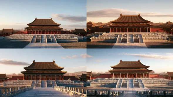 明代皇宫北部政务厅外观空镜头，画面中无任何人物。一座重檐歇山顶大殿，黄琉璃瓦层层叠压，屋脊吻兽静立；殿身朱红，门扇紧闭，门窗棂格光影斑驳。殿前为宽阔汉白玉台阶与平台，栏杆望柱整齐肃立，空无一人。两侧配殿与红墙环绕，墙根投下长长树影。天光清朗，柔和光线斜照在琉璃瓦与宫墙上，云影缓缓移动。整体庄严肃穆、空旷静谧，突出"人去楼空"的行政重地氛围。电影级写实，色彩沉稳，细节丰富，4k，强调空间纵深感与光影秩序。画面干净通透，整体细节克制且有层次，主体清晰，背景细节适度简化。保持大面积材质平滑、连续、自然，减少无意义的碎小纹理、颗粒、斑点和随机锐化痕迹。远处人物、建筑和环境只保留清晰轮廓与主要结构，不强行生成复杂细节。自然景深，真实空气透视，焦点区域细腻清晰，非焦点区域柔和过渡。光影纯净统一，色彩平滑，明暗关系稳定，低噪点，低颗粒感，无脏污感，无塑料质感，电影级干净画质。使用arri alexa mini电影摄影机质感，arri色彩科学，电影级宽容度，真实高光过渡，暗部保留细节
