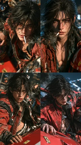 a charismatic 30-year-old adult male, high angle shot, close-up portrait focusing on the face (face occupies 1/2 of frame), waist-up shot. a beautifully detailed illustration of a chinese man with mature masculine features, fantasy aesthetic, photorealistic, masterpiece, best quality. background: shallow depth of field, night time, beside a red ferrari on a winding mountain road, city lights bokeh. his black medium-long hair has a faint hazy rim light, with fluffy bangs parted 2/8 flying messily to both sides, while the rest of the hair falls smoothly to his shoulders and waist, creating an arrogant and noble aura with a dynamic sense of being captured in motion. wearing a textured red-and-black racing jacket, zipper open, revealing a tight cropped t-shirt showing midriff and abs definition. one hand resting on the car hood, the other holding a removed helmet, biting a lit cigarette, smoke swirling around, expression is arrogant and alluring. delicate skin texture, realistic skin, visible pores, semi-realistic impasto painting style, strong masculine bone structure, distinct facial contours. smooth facial lines, sharp and clear jawline, light crimson lips, sword-like eyebrows and starry eyes, long eyelashes, slight smirk, deep gaze, handsome face. visual tension, natural lighting: hyper-realistic cinematic lighting, chiaroscuro, dramatic shadows, tyndall effect, volumetric lighting. 2.5d korean semi-impasto style, semi-realistic portrait style, delicate eye and eyebrow rendering.