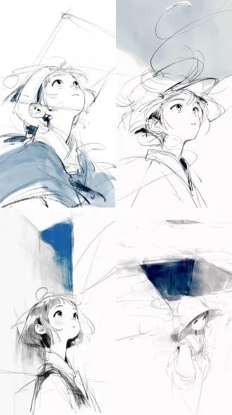 一名少女，韩系穿搭，半身图，大透视构图。 90年代少女漫，速写铅笔草稿线条，线条有铅笔颗粒感，笔触粗糙；极简纯白色背景，极小封闭面积高饱和水彩赛璐璐平涂上色，保留明显笔触感，剩余地方纯白，松弛飞扬的手绘线条，局部低饱和淡彩。 大面积蓝灰渐变色背景，主体居中偏下，顶部留出约占画面少量干净空间，画面清爽简洁，没有复杂背景，没有文字，没有水印
