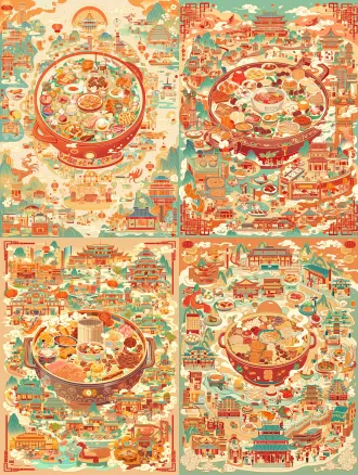 highly detailed chinese guochao decorative food illustration, vertical poster, giant central hot pot as the main visual, surrounded by many small scenes in a circular narrative composition, like a city food map and folk scroll. theme: yiwu cuisine. the huge pot is filled with yiwu specialties: donghe meat pancake, fotian qianzhang noodles, shangxi beef offal stew, sliced mutton, brown sugar twisted pastry, candied jujube, sugar rice cake, qingming cake, local wine, abundant ingredients, steaming, rich layers. around the pot are yiwu landmarks and street life scenes: international trade city, jiming pavilion, xiuhu park, yiwu river, fotian ancient town, china-europe freight train, small commodity market, busy market stalls, vendors and shoppers. include the traditional yiwu folk scene of "chicken feathers for sugar": a peddler carrying a shoulder pole through an old market street, one side with brown sugar, malt sugar and sugar pieces, the other side with feather dusters and small goods, children watching, lively folk atmosphere. filled with auspicious clouds, lanterns, koi, dragon, phoenix, flowers, mountains, water, birds, ornamental patterns, intricate details but organized composition. warm red, orange and gold palette with teal green accents, festive, oriental aesthetic, flat decorative illustration mixed with gongbi detail, commercial poster style, high resolution, title space