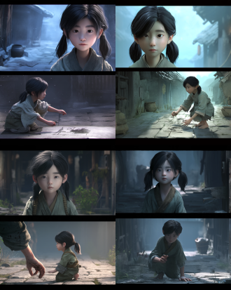 two vertical split cinematic storyboard frames, top frame: little east asian village girl with brown fabric headband, dark pigtails, worn faded green linen tunic, kneeling on cracked old stone ground, finger gently touching charcoal sketch of old man's face drawn on ground, misty dilapidated ancient village background, soft side rim light, cold dark blue ambient lighting, bottom frame: close up shot of girl's face, big watery brown eyes, dirt smudges on chubby cheeks, innocent dazed expression, looking up to distance, chinese 3d animation style, hyper detailed skin texture with subsurface scattering, fine hair strands, cinematic shallow depth of field, moody atmospheric, octane render, 8k ultra detailed