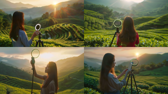 a young energetic female live streamer holding a smartphone on a tripod, with a ring light. in the background is a beautiful green tea mountain. sunlight, realistic skin texture, cinematic depth of field.