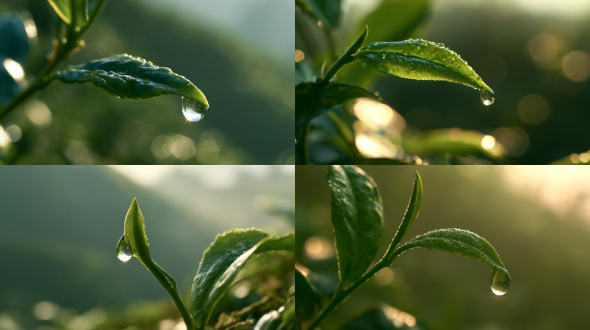 extreme macro shot of a tiny dewdrop on the tip of a green tea bud, background is an out-of-focus misty tea mountain at dawn. cinematic lighting, subsurface scattering in the water drop, 8k resolution, photorealistic, canon 100mm macro lens.