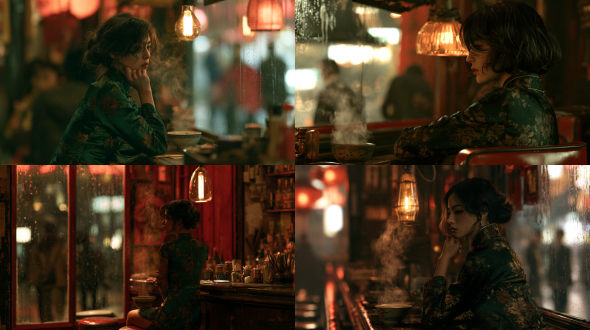 深夜，一位优雅的东亚女性独自坐在小酒馆的吧台前，身穿深祖母绿花卉旗袍。陶瓷碗中升起热气，琥珀色钨丝灯照亮她的半边脸；深朱红色阴影包围狭窄的室内。雨水覆盖的玻璃外可见模糊的行人，忧郁的静止感，亲密的六十年代香港电影氛围，模拟胶片质感，不出现文字。