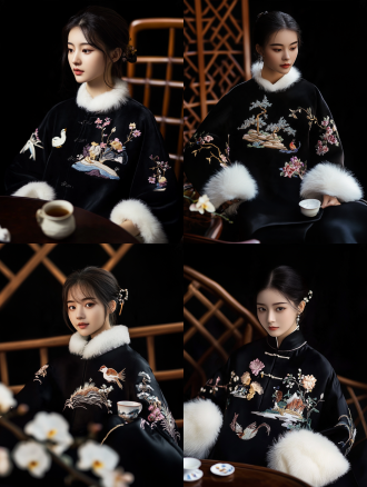 photorealistic three-quarter fashion shot, a gentle young chinese woman with soft delicate features, elegant understated beauty, seated in a quiet low-key luxury private chinese tea club, wearing a premium black hand-embroidered new chinese jacket inspired by luxury couture, black silk-satin surface, plush white fur cuffs, intricate traditional chinese landscape, flower, bird and squirrel embroidery across the front and sleeves, fine hand-stitched details, subtle light-colored piping, the jacket is clearly visible as the protagonist of the image, dark mahogany tea table, wooden lattice window, soft diffused daylight, pale orchids in plain clay pots as subtle decoration, she holds a small porcelain teacup calmly, refined graceful posture, natural expression, realistic skin, natural fabric folds, realistic fur texture, glossy but not plastic silk, delicate embroidery threads, shallow depth of field, sony a7m4, 85mm f/1.8, soft shadows, muted tones, low saturation, subtle film grain, high-end editorial fashion photography, authentic texture, restrained elegance, avoid artificial glow, avoid plastic material, avoid over-embellished background