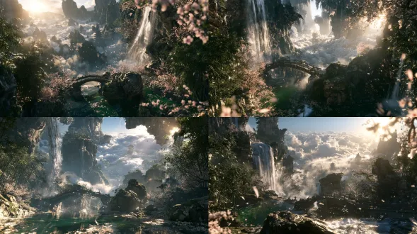 cinematic wide angle panoramic shot, a breathtaking chinese fantasy mountain landscape with towering peaks rising above a rolling sea of clouds, a slender silver waterfall cascading into a translucent jade green pool, an ancient curved stone bridge arching over the stream, wide angle lens, equivalent 24mm, f5.6 aperture, 1/125s shutter speed, chinese fantasy landscape, hyper realistic cgi, 8k resolution, chinese ink wash aesthetic with a touch of fantasy, serene pastoral atmosphere. lush bamboo groves framing the near shore, mature peach trees in full bloom leaning over the water, countless soft pink petals drifting on the breeze and floating on the gentle current, thin white mist drifting between the rocks, moss covered boulders with smooth weathered surfaces, distant pagoda silhouette dissolving into the morning haze. soft golden sunlight filtering through the mist, vibrant natural color grading, soft green and purple shadows with warm golden highlights, highly detailed textures of water spray, wet stone, bamboo leaves, and petals, cinematic depth of field, rendered in unreal engine 5, photorealistic