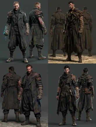 dark fantasy souls-like game protagonist, full body character design concept art, front and back view. a rugged young male warrior with a stubble beard, piercing clear sharp eyes full of determination. wearing a tattered, worn-out dark trench coat over loose combat pants and leather boots. asymmetrical rusted shoulder armor. his right fist and forearm are heavily wrapped in dirty bandages, faint blue glowing water seeping through the bandages. visible deep scars on his left upper arm. battle-worn, exhausted but fierce. gloomy atmosphere, cinematic volumetric lighting, dark grey background, unreal engine 5 render, 8k resolution, highly detailed textures, trending on artstation