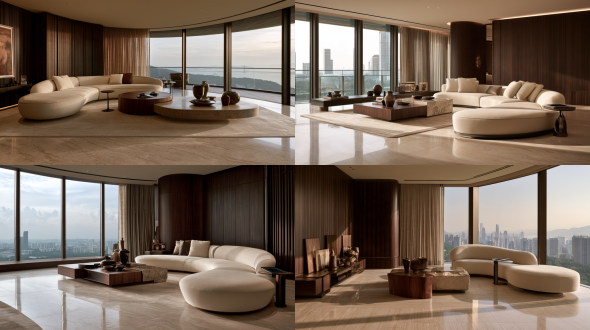 the living area of a luxurious overseas apartment permanently shared by a family of four, the cultivated private home of an exceptionally wealthy family. a generously horizontal living space, broad floor-to-ceiling glazing and a distant view without identifiable landmarks, fine-veined pale stone flooring, dark timber wall panels, a bespoke curved cream sofa, a low coffee table combining solid wood and stone, a few collectible ceramics and artworks. clear foreground floor space for packing luggage; a small tablet-ready table beside the sofa in the middle ground; layered curtains and exterior depth behind. generous furniture spacing, precision joinery and subtle signs of family use. soft side-window daylight, grounded dark timber shadows and finely resolved pale fabrics. lived-in authenticity and composed international brand-film refinement, cinematic location interior photography. a 16:9 horizontal main view, eye level, natural wide-angle perspective, straight verticals. crisp and natural, without people or human reflections, bags, lettering, logos, watermarks or grain.