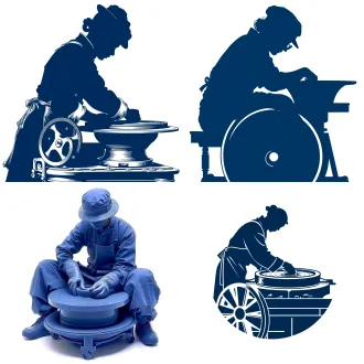 blue and white silhouette illustration of a potter shaping clay on a wheel , traditional chinese woodblock print style, solid dark blue color, flat vector style, simple lines, isolated on white background, no shading, no gradient, clean, infographic style,