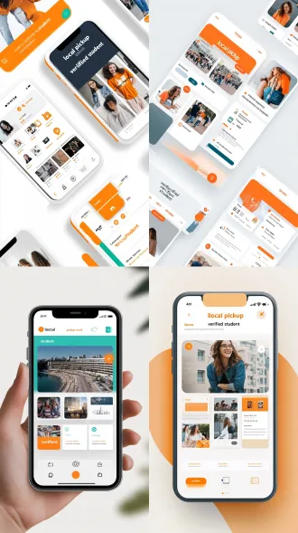 prompt: mobile app ui design for a university second-hand trading platform, homepage layout. top header with location and search bar. a banner for campus events. dual-column waterfall layout for product cards. the product cards have high-quality photos, price in vibrant orange, and tags showing "local pickup" and "verified student". bottom navigation bar with 5 icons. clean, minimal, youth style, campus blue and vibrant orange color palette, white background, light grey canvas. high resolution, dribbble style, ui/ux