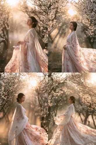 breathtaking ancient chinese beauty in a misty plum blossom garden at dawn, a graceful young woman in flowing white and blush-pink hanfu with delicate floral embroidery, standing under blooming plum trees, soft golden morning sunlight filtering through the petals creating volumetric light rays, gentle mist floating between the trees, petals drifting in the air, her dark hair in an elegant low bun with a single jade hairpin, serene expression, luminous natural skin with soft diffused lighting, crystal-clear details, shallow depth of field, shot on 85mm f/1.4 lens, photorealistic, ethereal guofeng aesthetic, harmonious soft color palette of pink white and gold, 8k, ultra-sharp