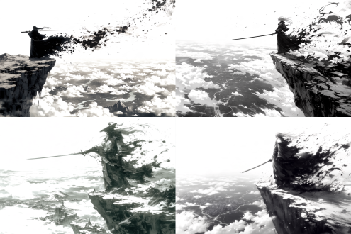 a chinese sword immortal standing on the edge of a steep mountain cliff, overlooking the tiny human world far below. highly detailed realistic and cold fierce face, long hair and flowing robes violently fluttering in the strong wind, holding an ancient longsword. his robes and the sword energy are deconstructing and blending into wild chaotic black ink splatters and dry brush strokes. below him is a vast sea of clouds and abstract tiny distant mountains, rivers, and ancient cities drawn with rough charcoal. monochrome black and white digital painting, pure white negative space background, extreme high contrast, heavy impasto brushstrokes, sumi-e ink wash mixed with charcoal sketch, rough canvas texture, epic scale, dramatic composition, cinematic lighting, concept art, masterpiece