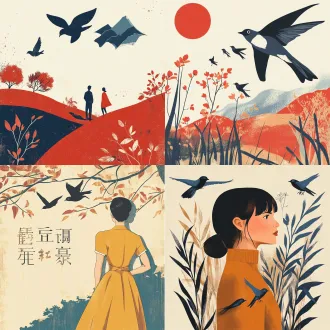 帮我用复古风格设计这个标题：金风秋叙 燕归新园 整体呈现**真实摄影 × 复古平面插画 × 高级编辑设计**的视觉气质，简洁、鲜明、几何、时髦、克制而富有图形张力，兼具经典海报的视觉力度与当代设计系统感。避免写实插画、复杂纹理、3d渲染、ui界面感、商业素材感和模板化矢量插画。提取文字中主体、轮廓、姿态与叙事关系，重构为复古现代主义平面插画。不要机械描摹细节，而是将主体概括为清晰剪影、几何色块、硬朗切面与简洁曲线，保留最关键的比例、轮廓、动作和结构特征，使其一眼能够对应上方原物。构图强调视觉重心、尺度反差、前后层级、正负形和几何节奏，可适度放大、裁切、偏置或叠压主体，用少量辅助形体建立空间，不做复杂写实场景。 配色可采用复古深红色、深蓝色等，通过主色、深色结构色、浅色背景和少量对比色建立清晰层级。颜色可以适度提纯和艺术化转译，呈现温暖、鲜明、克制的旧印刷与现代平面设计气质，避免灰脏、霓虹、多色混杂、复杂渐变和廉价卡通感。
