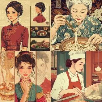 40岁明代饭店老板娘兼大厨，三视图加手部特写，明代版画硬线条，赛璐璐上色，暖调，纯色背景，2d动画角色设定图，清晰轮廓，柔和光影，复古质感。