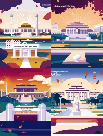 a vertical flat vector illustration in a chinese political red theme, minimalist and beautiful. the image combines three iconic landmarks from xi'an jiaotong university. foreground: the grand "jiaotong university" gate. midground: the "饮水思源" gear-shaped monument with abstract falling autumn leaves. background: the majestic qian xuesen library building under radiating golden sunbeams and stylized clouds. the color palette is crimson red, gold, and off-white. symmetrical composition, clean lines, graphic design style, flat colors, political poster aesthetic, 8k, vector art.