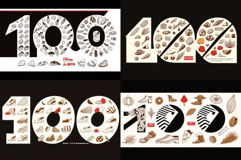 我要把这张图片里面100字样的留白填满，内容是回力鞋子腰果系列的图案元素手绘出来的，100字样留白版式不要变，帮我生成出来，创新，潮流
