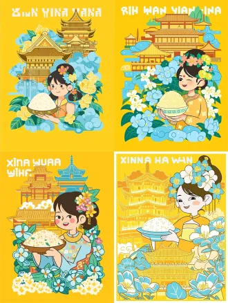 傣族小女孩着传统服饰，发簪热带花，笑捧手抓饭，国潮扁平风，明黄主色调，景洪大金塔曼远村背景，云花遮挡，平涂无渐变，矢量插画，a3尺寸，鲜活热烈