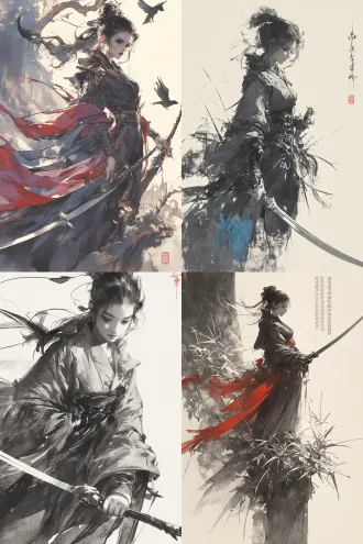 一张黑白写意水墨速写，绝美造型，帅气笔触，虚实结合，张大千风格。 画面内容：a young female swordswoman in flowing crimson robe, standing on a cliff edge, cold proud gaze, holding a slender jade sword, wind lifting her sleeves, lonely heroic aura