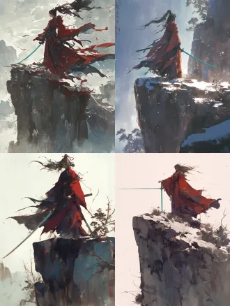 中国水墨画，戴敦邦式人物白描，书法中锋长线带飞白枯笔与湿墨渗化并存，5.5头身夸张变形取神，赭石花青朱砂极淡罩染绝不平涂，宣纸纹理与大片纸白留白，逆光轮廓光配合体积光束，冷蓝灰主调占比85%辅以古金10%，深色前景剪影构成三层景深，行书笔法湿润发丝，电影感构图，8k，极致细节。少女剑客，绯红广袖长袍，立于悬崖之巅，清冷傲然，手持玉剑，衣袂随风，孤绝侠气