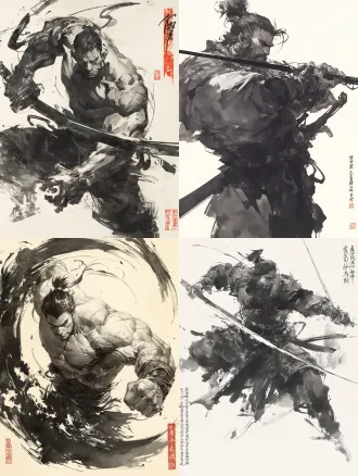 张大千黑白写意水墨速写，绝美造型，帅气笔触，虚实结合，墨色浓淡干湿，宣纸渗化肌理。侠客使出绝招，攻击前一刻，半漏肌肉，局部覆盖异型浮夸盔甲，动作大开大合极具张力，特殊视角，大透视。