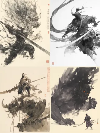 张大千黑白写意水墨速写，绝美造型，帅气笔触，虚实结合，墨色浓淡干湿，宣纸渗化肌理。俊男身受重伤，能量从侠客身体内溢出，背后形成巨型恶魔守护灵，气场强大的可怕，特殊视角，大透视。