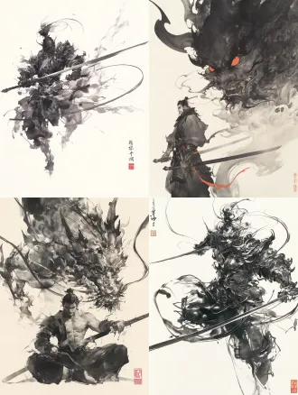 张大千黑白写意水墨速写，绝美造型，帅气笔触，虚实结合，墨色浓淡干湿，宣纸渗化肌理。俊男身受重伤，能量从侠客身体内溢出，背后形成巨型恶魔守护灵，气场强大的可怕，特殊视角，大透视。