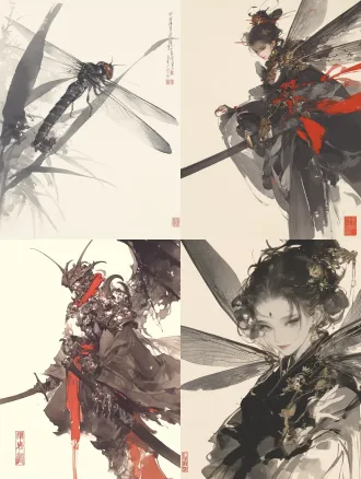 张大千黑白写意水墨速写，绝美造型，帅气笔触，虚实结合，墨色浓淡干湿，宣纸渗化肌理。 cicada-riding maiden, translucent wing veil over her face, molted-shell armor motif, gold-bronze filigree, summer stillness, 黑神话角色设计语言