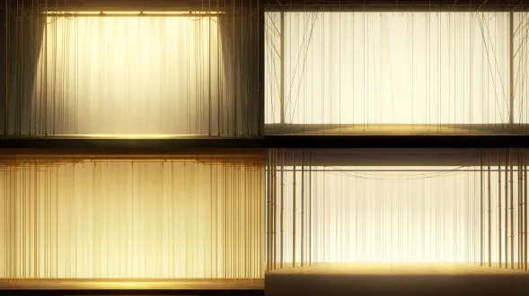 a traditional chinese shadow play stage, a huge translucent white screen lit from behind with soft golden backlight, numerous vertical bamboo control rods and fine suspension strings hanging from the top beam, clean and minimalist theatrical environment, masterclass anime background art
