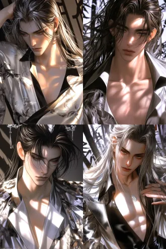 a cool, ancient-style young man whose gender is hard to distinguish, masterpiece, 8k quality, top-tier quality, 3d style, slightly overhead view, ultra-fine details, half-body composition, standing posture, upper body close-up, frontal view, realistic skin texture, realistic clothing fabrics, soft shadows and lighting, surreal. black extra-long hair, fluffy and messy, with long ends and a lot of hair, light-colored eyes, lowered gaze, slightly squinted. silver ancient-style hair crown, red hair tie, high ponytail tie. attire: hanfu with a traditional chinese xianxia style, with the main colors being white-dark blue to light blue. layered with a stand-up collar frog button, layered over cloud patterns + feather embroidery on the shoulders, with tassels hanging down; the wide sleeves are wide and flowing, with black edges that gather the cuffs. a wide waist belt with crane patterns is included, accompanied by metal pendants. the long dress features light ink jasmine patterns, with gray-blue accents on the sides, layered and elegant, exuding a chivalrous elegance that combines the elegance and ethereal charm of a young gentleman. one hand gently raised to her chest, fingertips slightly curled. winter night snowy bamboo forest with ancient-style background
