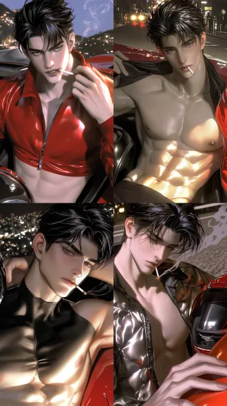 a charismatic 30-year-old adult male, high angle shot, close-up portrait focusing on the face (face occupies 1/2 of frame), waist-up shot. a beautifully detailed illustration of a chinese man with mature masculine features, fantasy aesthetic, photorealistic, masterpiece, best quality. background: shallow depth of field, night time, beside a red ferrari on a winding mountain road, city lights bokeh. his black medium-long hair has a faint hazy rim light, with fluffy bangs parted 2/8 flying messily to both sides, while the rest of the hair falls smoothly to his shoulders and waist, creating an arrogant and noble aura with a dynamic sense of being captured in motion. wearing a textured red-and-black racing jacket, zipper open, revealing a tight cropped t-shirt showing midriff and abs definition. one hand resting on the car hood, the other holding a removed helmet, biting a lit cigarette, smoke swirling around, expression is arrogant and alluring. delicate skin texture, realistic skin, visible pores, semi-realistic impasto painting style, strong masculine bone structure, distinct facial contours. smooth facial lines, sharp and clear jawline, light crimson lips, sword-like eyebrows and starry eyes, long eyelashes, slight smirk, deep gaze, handsome face. visual tension, natural lighting: hyper-realistic cinematic lighting, chiaroscuro, dramatic shadows, tyndall effect, volumetric lighting. 2.5d korean semi-impasto style, semi-realistic portrait style, delicate eye and eyebrow rendering.