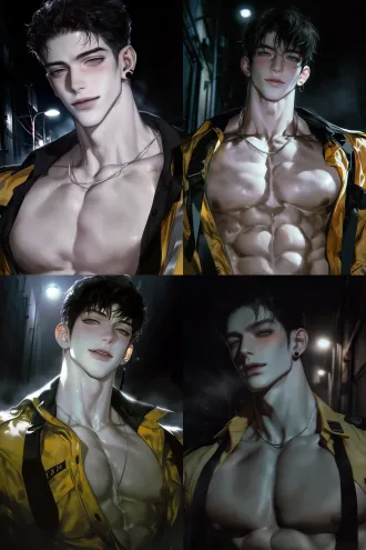 成年男性，极致压迫感透视，交警制服，黄黑皮，健硕的成年男性肌肉，巨大的胸肌隔着衣服也很明显，黑色短发，硬朗的五官，黑色眼睛，长睫毛，苍白冷白肌肤，眼下灰粉色晕染，皮肤光影层次丰富，精致清冷美男五官，唇角浅浅勾起，制服上有黑色的绑带，右耳上有一个黑耳钉，脖子上挂着一条特别细的银项链，手指骨节粗大，宽肩窄腰，背景是现代的暗巷子，月光和路灯，整个人笼罩在路灯和月光下，明暗对比强烈，背景压黑，高饱和光影，黑天，朦胧，烟雾，韩式写实厚涂cg插画，伪bjd人偶细腻质感，高细节五官特写，极致皮肤肌理，柔焦胶片颗粒，高饱和明暗对比强烈，暗调氛围，柔和渐变阴影，油画笔触，细腻排线明暗，线条干净利落，五彩光影，暧昧朦胧画质，颓废随性，丰富的光线，画面华丽，细节丰富，藏色，细腻的线条，华丽质感，丰富衣服光影，优化褶皱