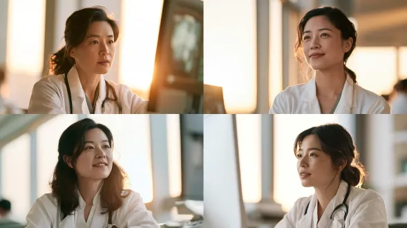 cinematic shot, a 35-year-old chinese female doctor in a modern hospital, looking at a transparent high-tech medical ai diagnostic screen, warm morning sunlight filtering through the window, soft amber and milky white color palette, high-end corporate video style, photorealistic, shot on arri alexa, depth of field, 8k