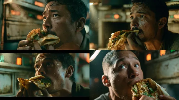 a cinematic close-up shot of an american man eating a tianjin jianbing guozi (chinese savory crepe), standing at a dimly lit late-night street food stall. his expression frozen in wide-eyed disbelief and awe as he takes a bite, pupils slightly dilated, lips parted mid-chew, cheekbones taut, brows slightly raised. ultra-photorealistic skin texture, visible pores, fine blemishes, faint stubble. in his hand a folded jianbing guozi, crisp layered crepe, egg, scallions, cilantro, baocui cracker and brushed sauce clearly visible. dramatic chiaroscuro lighting — a single hard side light from the left sculpts his nose bridge, jawline and lip line, the rest of the frame sinking into deep shadow. shallow depth of field, blurred background of an old analog food cart with faint orange and green indicator lights and tarnished metal panels. shot on imax 70mm film, kodak vision3 250d stock, natural film grain. cold low-saturation color grade, shadows in muted cyan-blue, faint amber highlights along edges, minimal warmth, high-contrast near-monochrome palette with only the cart's orange glow as color accent. epic cinematic composition, airborne dust particles visible in the light beam, oppressive eerie atmosphere. hyper-realistic photography, 8k resolution, maximum detail.