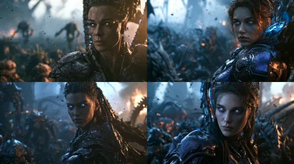 电影级低角度史诗环境人像：刀锋女王凯瑞甘（sarah kerrigan, queen of blades）率领虫族大军入侵被侵染的星球城市。凯瑞甘位于画面中心偏右，半身至膝上构图，骨翼状甲壳与分节生物甲胄，紫黑色甲壳带有湿润反光、细密划痕与真实磨损；面部超写实，皮肤清晰可见毛孔与细微瑕疵，双眼冷冽幽能微光，表情压迫而冷静，嘴唇紧闭，颧骨紧绷。身后与左侧是层层涌来的虫群：跳虫、刺蛇、飞龙剪影与孢子囊空投，前景虫族甲壳局部虚化。被侵染的废墟城市、扭曲有机质建筑、酸液雾气与远处爆炸。经典明暗对比戏剧光影：右后方冷青色幽能逆光勾勒甲壳边缘，左前方一束强烈琥珀色爆炸侧光扫过面部与肩甲，其余区域沉入浓重青蓝阴影。空气中漂浮可见孢子、尘埃与微粒，酸雾层次细腻。浅景深效果，背景模糊虚化的虫群与废墟，点缀微弱橙、绿色生物荧光。采用 imax 70 毫米胶片拍摄，整体冷调低饱和色彩，阴影为沉静青蓝色，边缘点缀淡琥珀高光，暖色极少；高对比度画面，近乎单色调，仅爆炸橙光与虫族生物荧光作为色彩点缀，自带自然胶片颗粒质感，柯达 vision3 250d 胶片质感。克里斯托弗·诺兰《星际穿越》式冷峻写实电影摄影语言，史诗级战争构图，压抑惊悚氛围。超写实摄影，顶级画质，8k 分辨率，细节拉满。