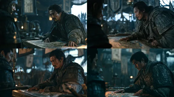 cinematic medium close-up side-profile shot: jiang wei, a shu han general, alone in a dim military tent at jiange, leaning over a detailed silk terrain map on a wooden desk, one hand pressing on the map, the other resting near his sword. he wears finely crafted han-era lamellar armor and layered battle robes, weathered and realistic; hyper-realistic skin with visible pores and subtle imperfections, tired but resolute face, furrowed brows, restrained tense expression. on the left, zhong hui, a wei general in dark armor, stands half in shadow facing him, only cold eyes and armor edges caught by light, creating a silent standoff. dark military tent interior with hanging banners, bronze lamps, blurred armor racks and guards in shallow depth of field. classic chiaroscuro dramatic lighting: a strong cold blue moonlight and rain light from the tent entrance on the left outlines jiang wei’s nose bridge and lip line; a faint amber candle flame from the right softly lights the map and his fingertips; the rest sinks into deep shadow. fine dust and smoke particles floating in the air, thin rain visible outside the tent. imax 70mm film capture, overall cool low-saturation palette, shadows in calm cyan-blue, edges with subtle pale amber highlights, very few warm tones; high-contrast, nearly monochromatic image with only the candle orange as color accent, natural film grain, kodak vision3 250d film texture. christopher nolan interstellar-style grounded cinematic realism, epic historical war composition, oppressive tense atmosphere. hyper-realistic photography, top-tier image quality, 8k resolution, maximum detail.