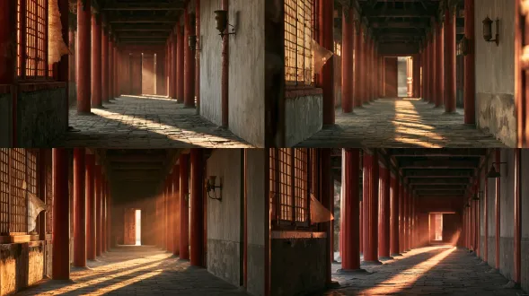 cinematic wide shot, empty han palace corridor at dusk, twelve vermilion wooden pillars receding into depth, yellowed paper window lattice on the left wall with a torn lower edge, plain grey plaster wall on the right with two unlit bronze lamps, worn grey brick floor, a long shaft of warm late sunlight entering from a half-open wooden door at the far end and lying across the bricks, dust motes in the beam, a corner of window paper lifting in a draft, film still, 24mm, deep focus, natural grain